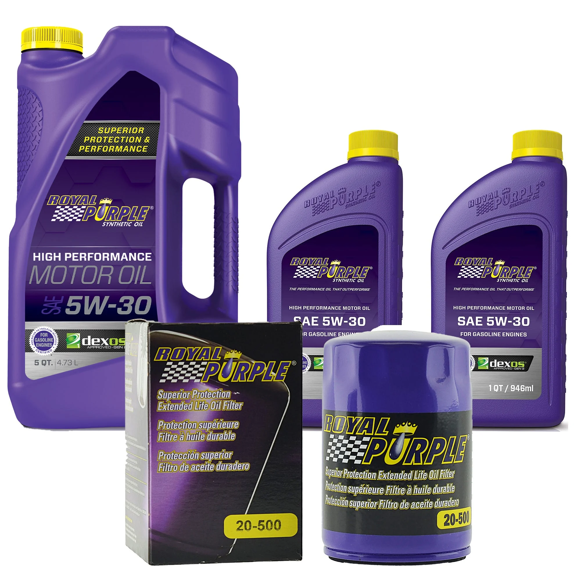 Royal Purple Oil Change Kit: SAE 5W-30 Synthetic Motor Oil (7 qt) and 20-500 Oil Filter (5005W307QT)