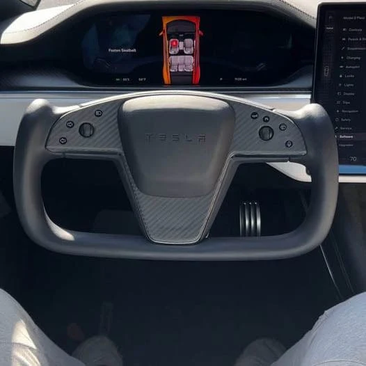 Real Molded Matte Carbon Fiber Yoke Steering Wheel Touch Panel Overlay For Tesla Model S 2021-2025