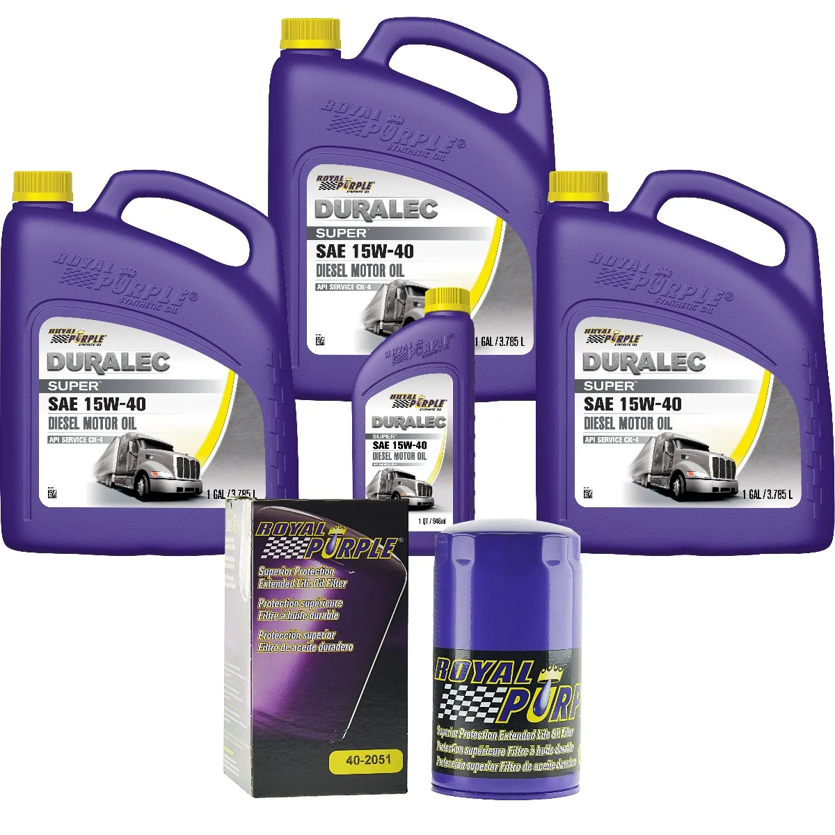 rp_40-2051_kit.webp Royal Purple Diesel Motor Oil Change Kit: Duralec Super 15W-40 CK/4 Synthetic Diesel Motor Oil (13 qt) and 40-2051 Oil Filter